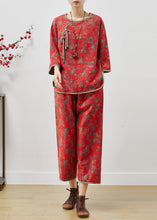 Load image into Gallery viewer, Red Print Cotton Oriental Two Pieces Set Side Open Summer