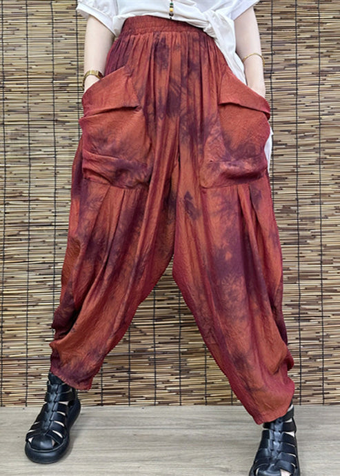 Red Print Elastic Waist Crop Wide Leg Pants