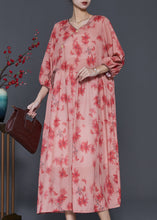 Load image into Gallery viewer, Red Print Linen Maxi Dress Lace Up Bracelet Sleeve