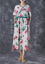 Load image into Gallery viewer, Red Print Linen Silk Long Dress V Neck Cinched Summer