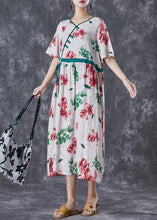 Load image into Gallery viewer, Red Print Linen Silk Long Dress V Neck Cinched Summer