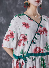 Load image into Gallery viewer, Red Print Linen Silk Long Dress V Neck Cinched Summer