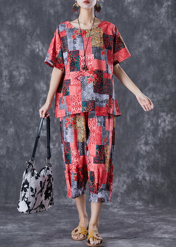 Red Print Linen Two Pieces Set Oversized Summer