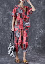 Load image into Gallery viewer, Red Print Linen Two Pieces Set Oversized Summer