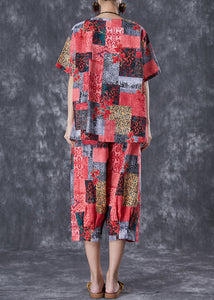 Red Print Linen Two Pieces Set Oversized Summer