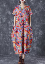 Load image into Gallery viewer, Red Print Loose Linen Holiday Dress Pockets Summer