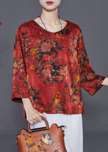 Load image into Gallery viewer, Red Print Loose Silk Shirt Top O-Neck Summer