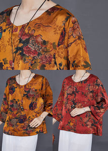 Red Print Loose Silk Shirt Top O-Neck Summer