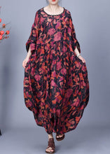 Load image into Gallery viewer, Red Print Wrinkled Silk Maxi Dress O Neck Bracelet Sleeve