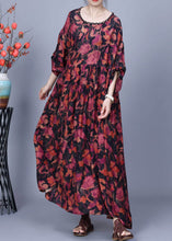 Load image into Gallery viewer, Red Print Wrinkled Silk Maxi Dress O Neck Bracelet Sleeve