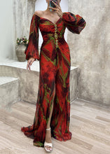 Load image into Gallery viewer, Red Side Open Cotton Long Dresses V Neck  Long Sleeve