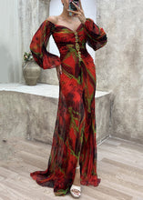 Load image into Gallery viewer, Red Side Open Cotton Long Dresses V Neck  Long Sleeve