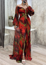 Load image into Gallery viewer, Red Side Open Cotton Long Dresses V Neck  Long Sleeve