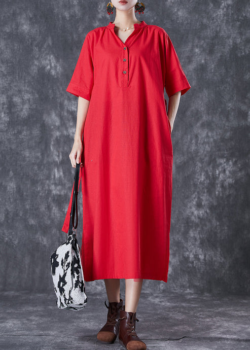 Red Slim Fit Cotton Shirt Dress Tie Waist Button Summer