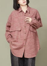 Load image into Gallery viewer, Red Striped Pockets Cotton Shirt Peter Pan Collar Long Sleeve