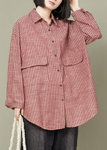 Load image into Gallery viewer, Red Striped Pockets Cotton Shirt Peter Pan Collar Long Sleeve