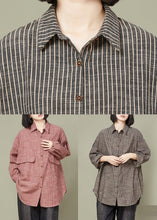 Load image into Gallery viewer, Red Striped Pockets Cotton Shirt Peter Pan Collar Long Sleeve