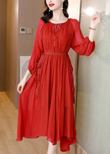 Load image into Gallery viewer, Red Tie Waist Solid Chiffon Maxi Dresses Long Sleeve