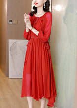 Load image into Gallery viewer, Red Tie Waist Solid Chiffon Maxi Dresses Long Sleeve