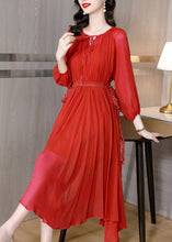 Load image into Gallery viewer, Red Tie Waist Solid Chiffon Maxi Dresses Long Sleeve