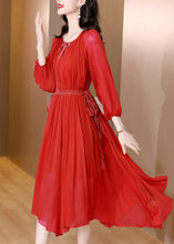 Load image into Gallery viewer, Red Tie Waist Solid Chiffon Maxi Dresses Long Sleeve