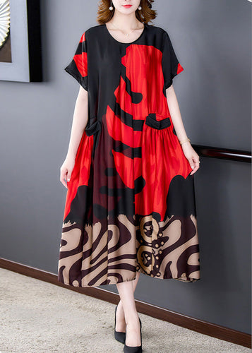 Red Wrinkled Silk Maxi Dresses Short Sleeve