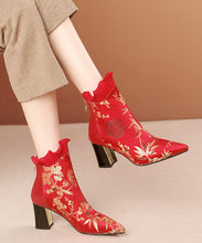 Load image into Gallery viewer, Red Zippered Cowhide Leather Embroidered Chunky Boots