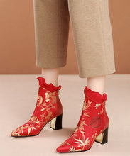 Load image into Gallery viewer, Red Zippered Cowhide Leather Embroidered Chunky Boots