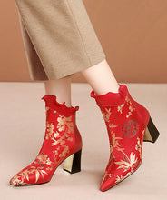 Load image into Gallery viewer, Red Zippered Cowhide Leather Embroidered Chunky Boots