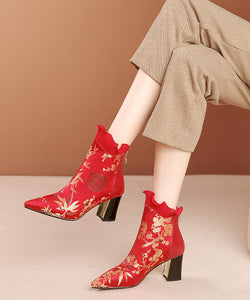 Red Zippered Cowhide Leather Embroidered Chunky Boots