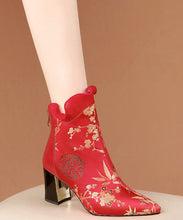 Load image into Gallery viewer, Red Zippered Cowhide Leather Embroidered Chunky Boots