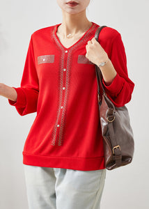 Red Zircon Cotton Tops V Neck Spring