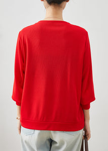 Red Zircon Cotton Tops V Neck Spring