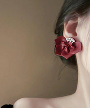 Load image into Gallery viewer, Regular Red Faux Leather Pearl Jasmine Stud Earrings