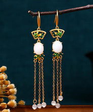 Load image into Gallery viewer, Regular White Copper Overgild Jade Enamel Tassel Drop Earrings