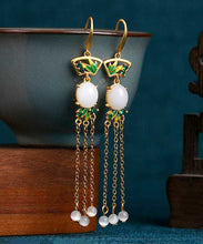 Load image into Gallery viewer, Regular White Copper Overgild Jade Enamel Tassel Drop Earrings