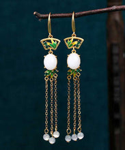 Load image into Gallery viewer, Regular White Copper Overgild Jade Enamel Tassel Drop Earrings