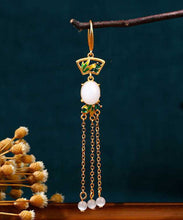 Load image into Gallery viewer, Regular White Copper Overgild Jade Enamel Tassel Drop Earrings