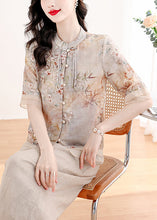 Load image into Gallery viewer, Retro Apricot Stand Collar Tasseled Print Linen Two Pieces Set Summer