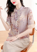 Load image into Gallery viewer, Retro Apricot Stand Collar Tasseled Print Linen Two Pieces Set Summer