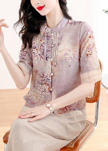 Retro Apricot Stand Collar Tasseled Print Linen Two Pieces Set Summer