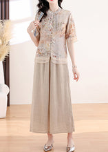 Load image into Gallery viewer, Retro Apricot Stand Collar Tasseled Print Linen Two Pieces Set Summer