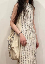 Load image into Gallery viewer, Retro Beige Stand Collar Print Side Open Cotton Dress Sleeveless