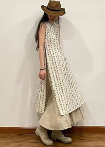 Retro Beige Stand Collar Print Side Open Cotton Dress Sleeveless