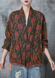 Retro Black Print Chinese Button Linen Coats Spring