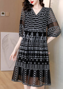 Retro Black V Neck Patchwork Party Long Dress Half Sleeve