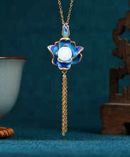 Load image into Gallery viewer, Retro Blue Ancient Gold Jade Lotus Flower Tassel Pendant Necklace