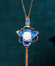 Load image into Gallery viewer, Retro Blue Ancient Gold Jade Lotus Flower Tassel Pendant Necklace