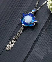 Load image into Gallery viewer, Retro Blue Ancient Gold Jade Lotus Flower Tassel Pendant Necklace