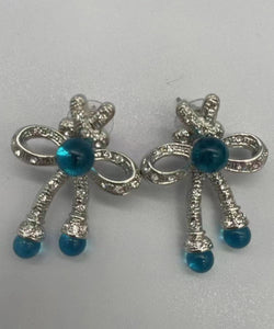 Retro Blue Sterling Silver CrystalColoured Glaze Bow Stud Earrings